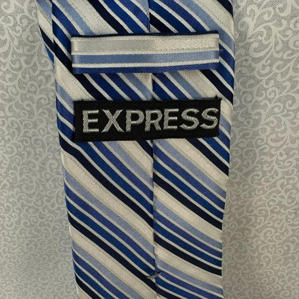 Express 100% Silk Blues/White/Silver Striped Repp‎ Tie, 3 1/4 Inch Wide